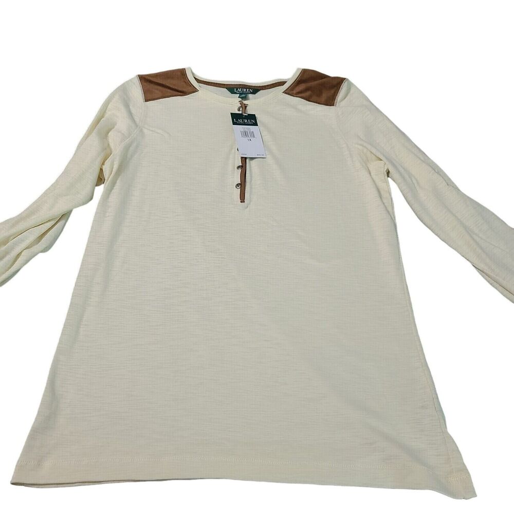 NWT Lauren Ralph Womens Western Henley Shirt Beige 1X Cream 100% Cotton